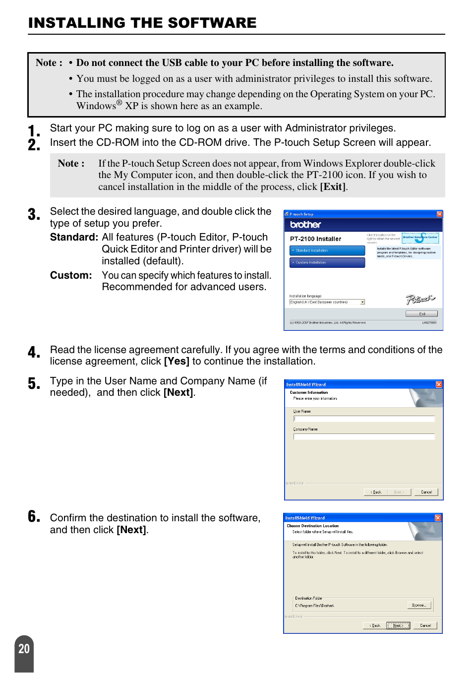 Installing the software | Brother PT-2100 User Manual | Page 21 / 92