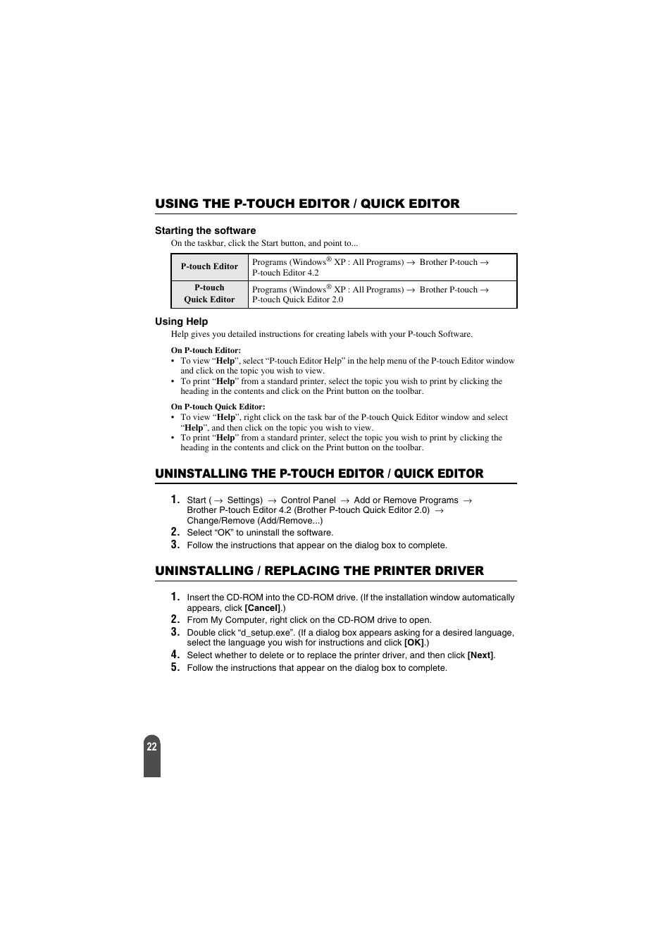 Using the p-touch editor / quick editor, Uninstalling the p-touch editor / quick editor, Uninstalling / replacing the printer driver | Brother PT-2100 User Manual | Page 23 / 92