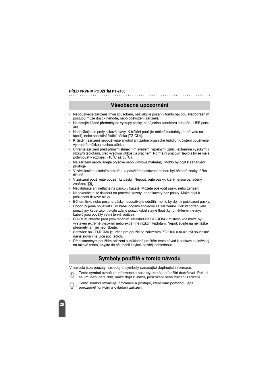 Všeobecná upozornění, Symboly použité v tomto návodu | Brother PT-2100 User Manual | Page 29 / 92