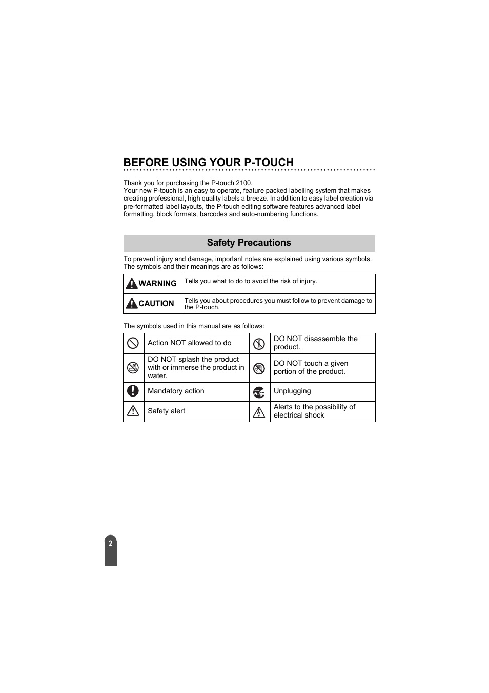 Before using your p-touch, Safety precautions | Brother PT-2100 User Manual | Page 3 / 92