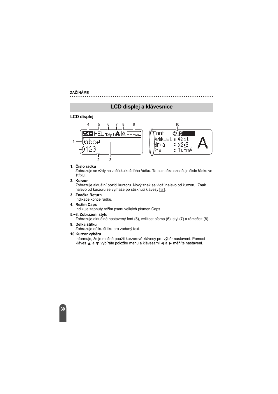 Lcd displej a klávesnice, Lcd displej | Brother PT-2100 User Manual | Page 31 / 92