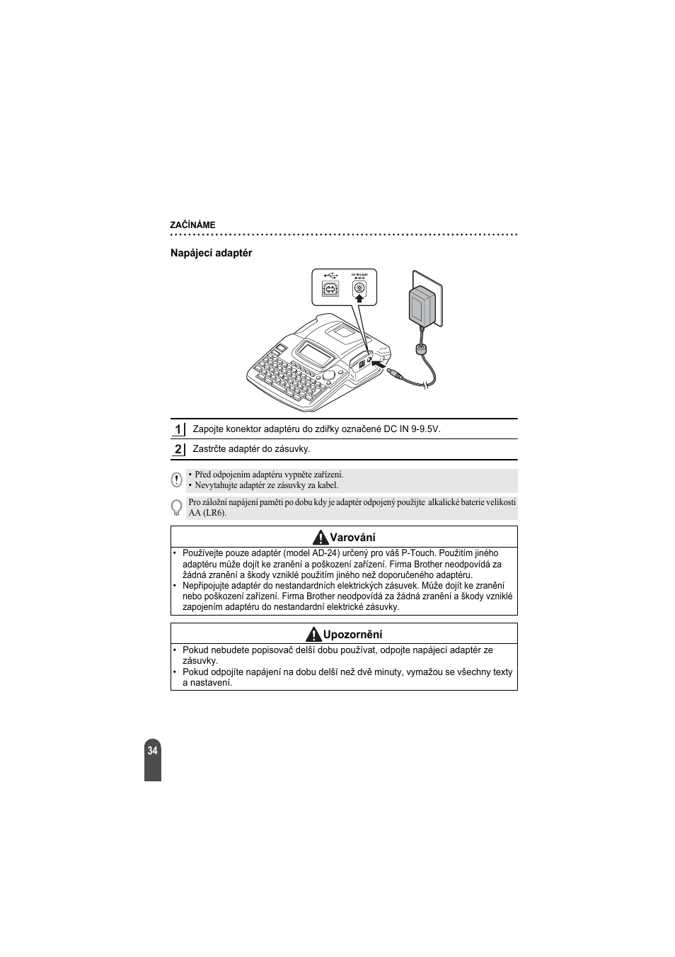 Napájecí adaptér | Brother PT-2100 User Manual | Page 35 / 92