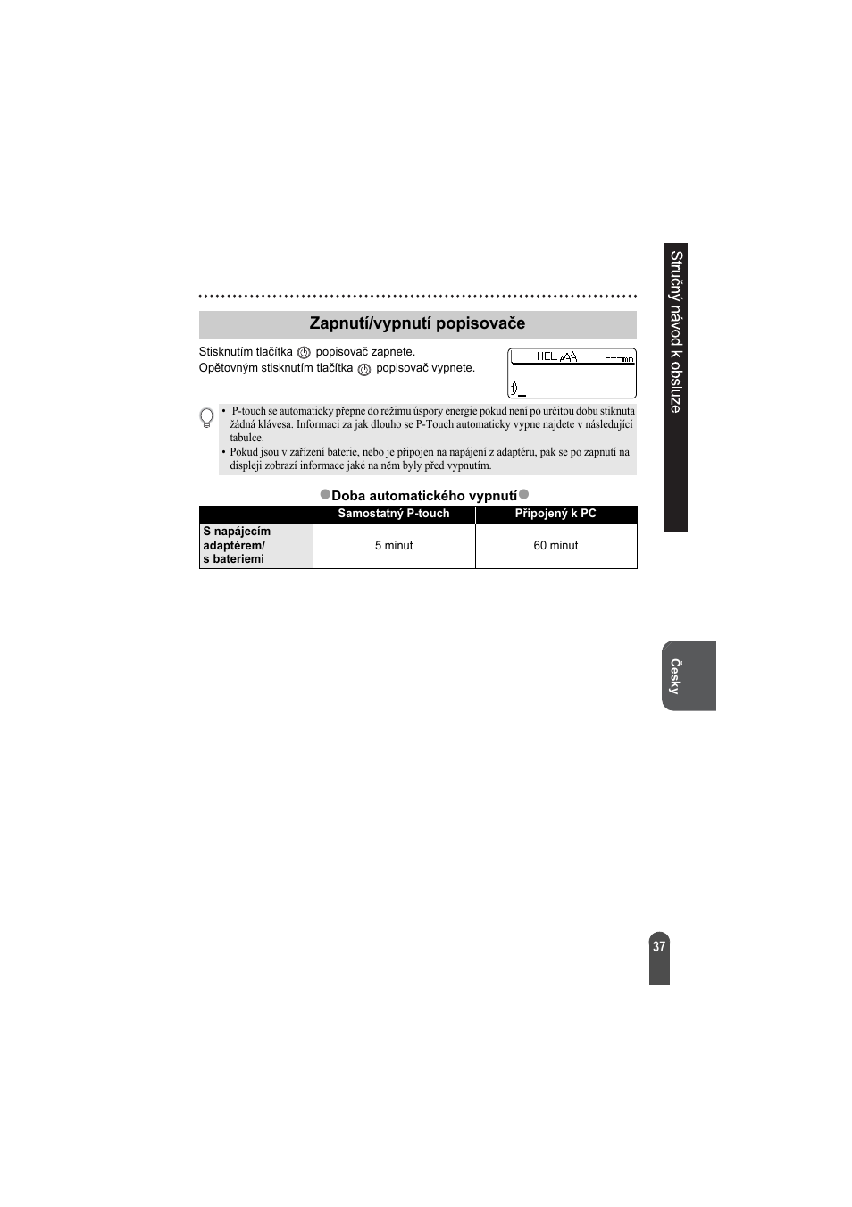 Zapnutí/vypnutí popisovače, Zzapnutí/vypnutí popisovače | Brother PT-2100 User Manual | Page 38 / 92