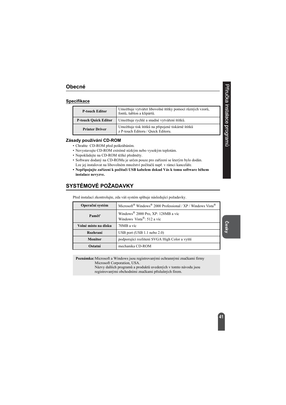 Příručka instalace programů, Obecné, Systémové požadavky | Brother PT-2100 User Manual | Page 42 / 92