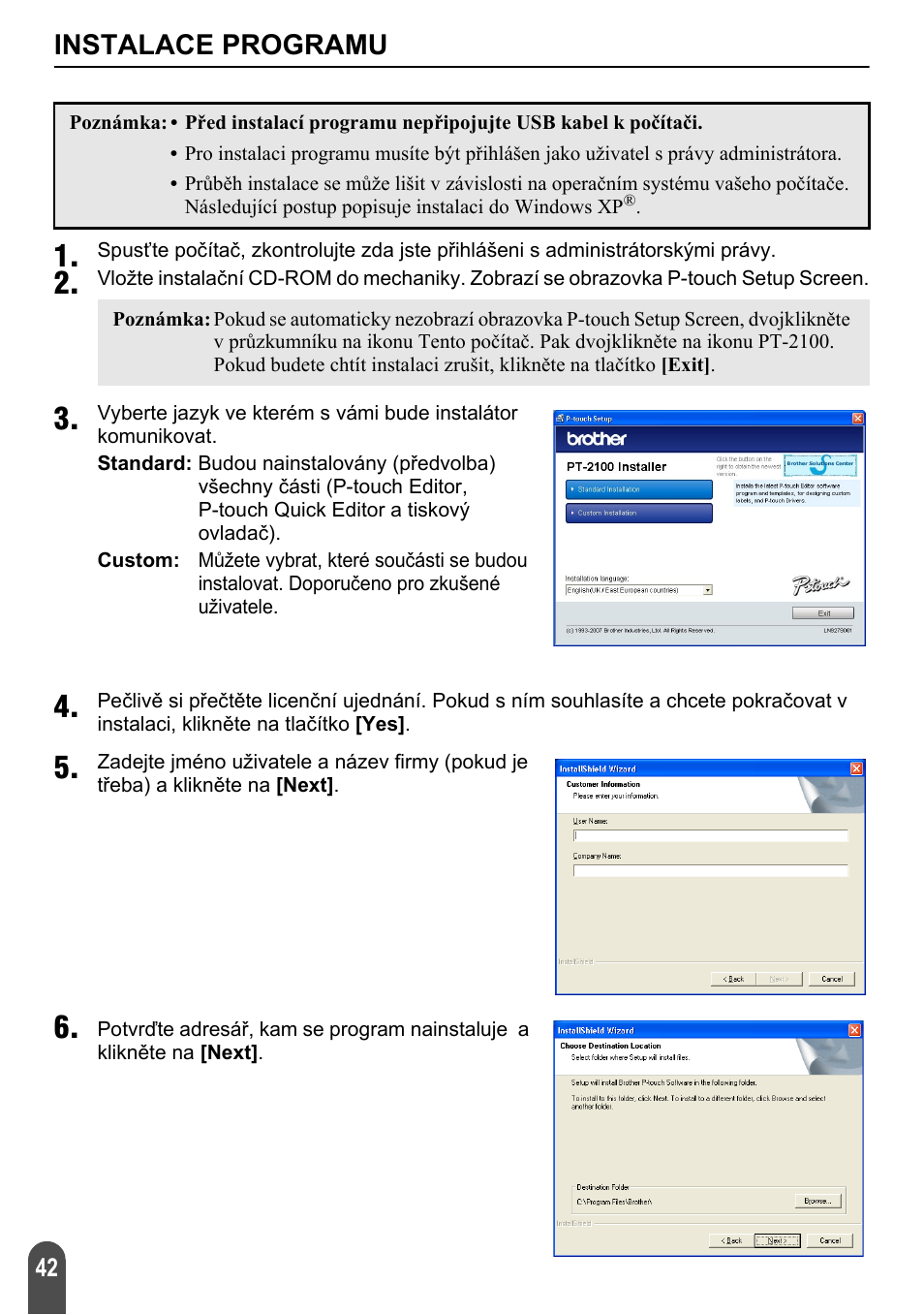Instalace programu | Brother PT-2100 User Manual | Page 43 / 92