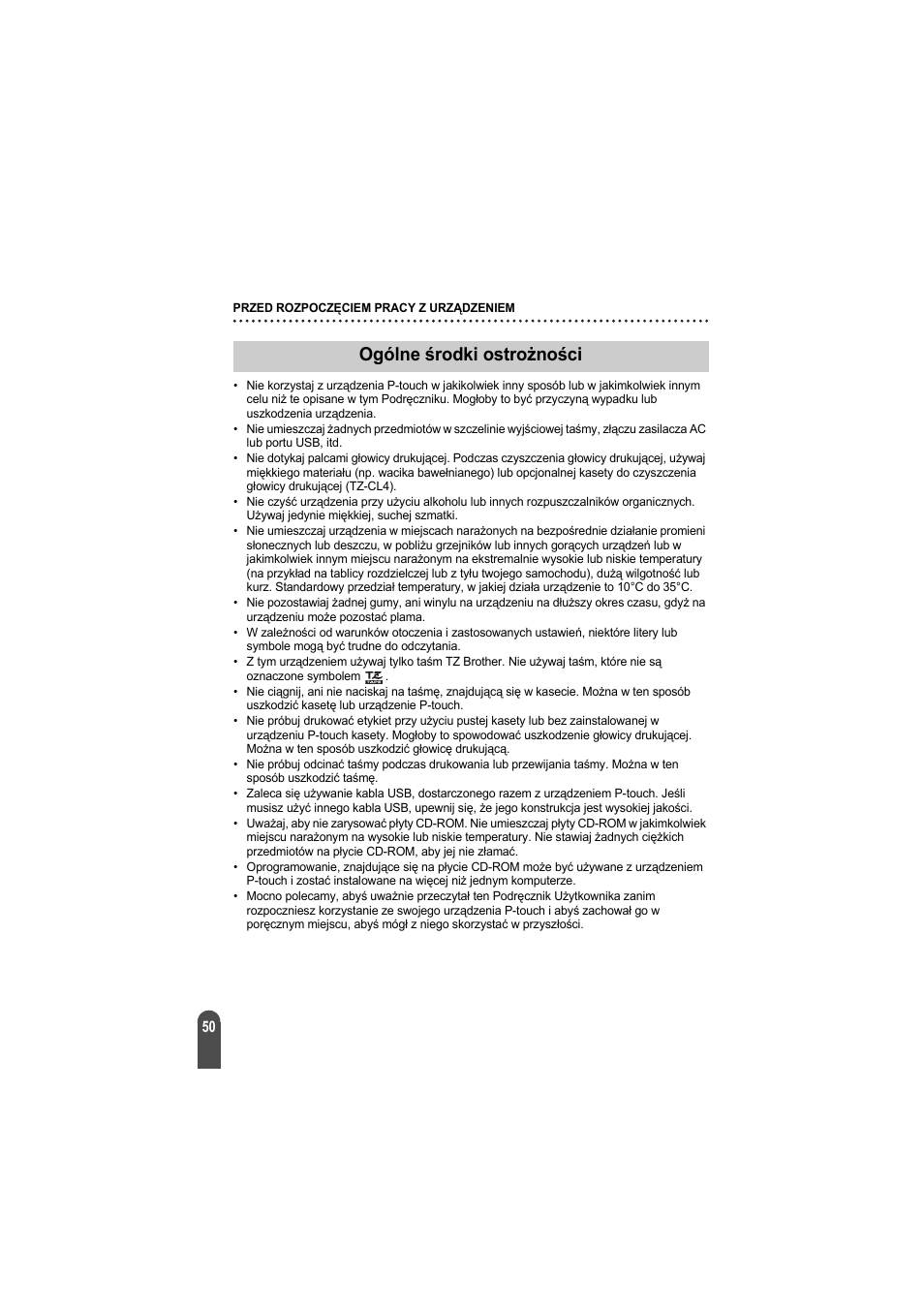 Ogólne środki ostrożności | Brother PT-2100 User Manual | Page 51 / 92
