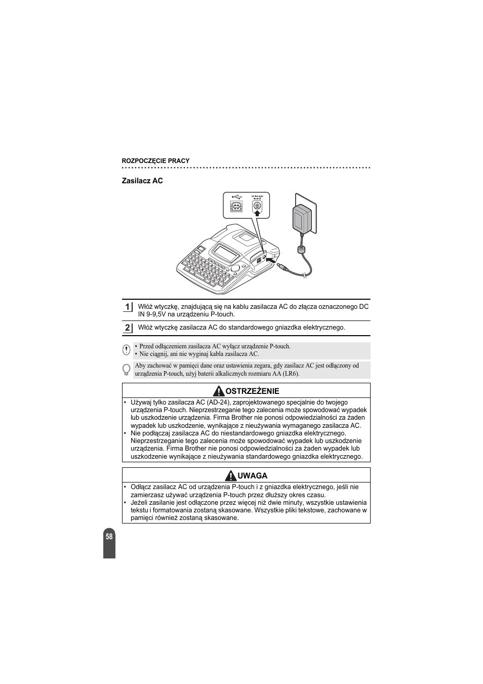 Zasilacz ac | Brother PT-2100 User Manual | Page 59 / 92