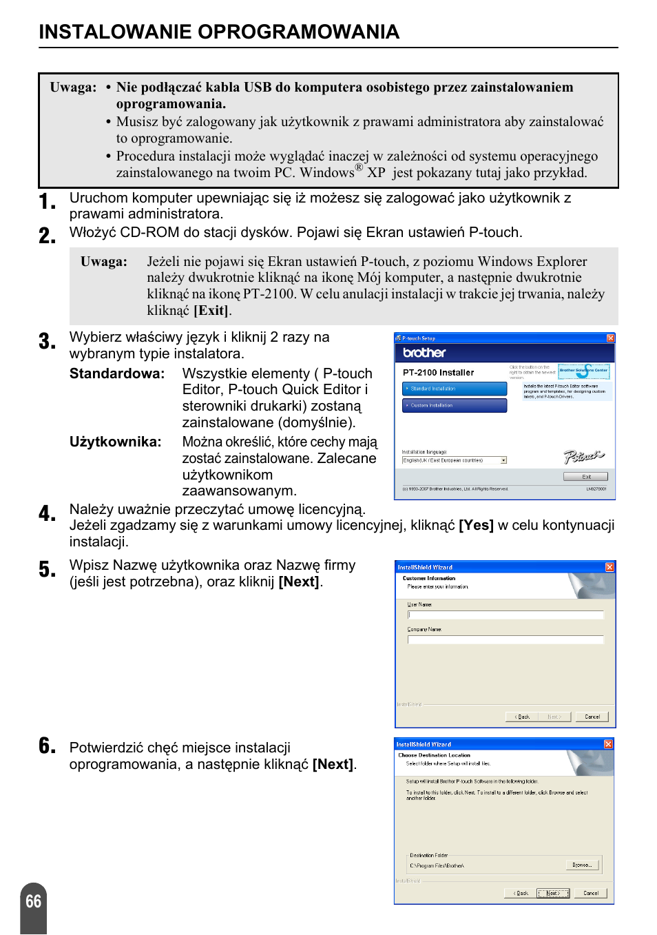 Instalowanie oprogramowania | Brother PT-2100 User Manual | Page 67 / 92