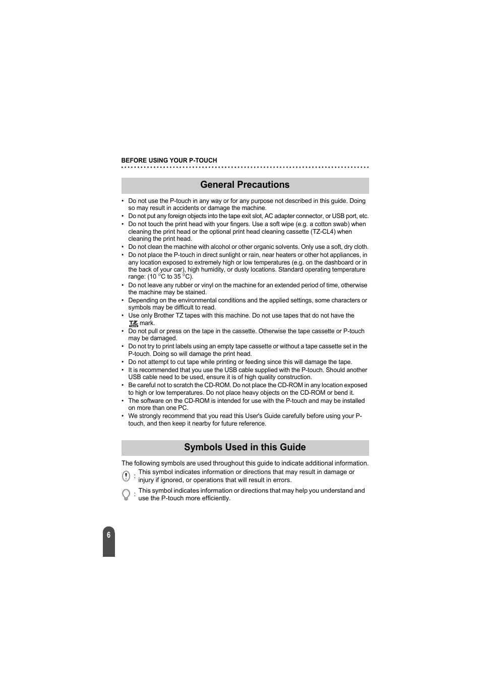 General precautions, Symbols used in this guide, General precautions symbols used in this guide | Brother PT-2100 User Manual | Page 7 / 92