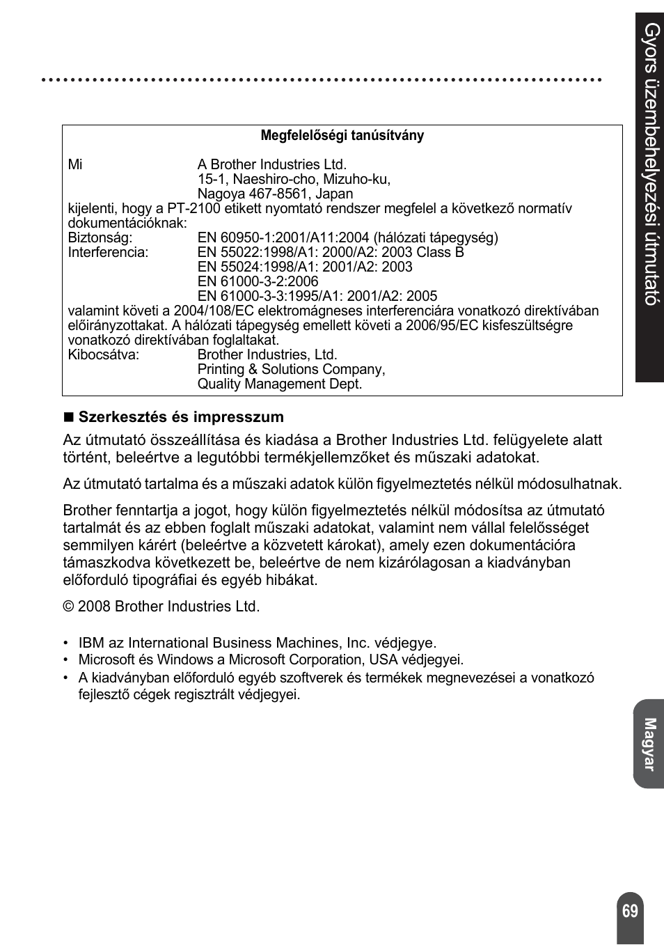 Magyar, Gyors üzembehelyezési útmutató, P. 69 | Brother PT-2100 User Manual | Page 70 / 92