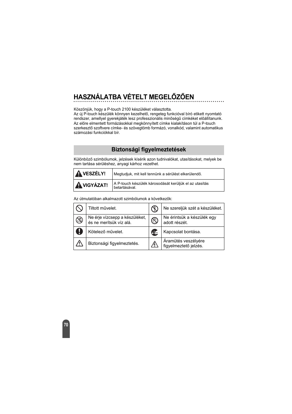 Használatba vételt megelőzően, Biztonsági figyelmeztetések | Brother PT-2100 User Manual | Page 71 / 92