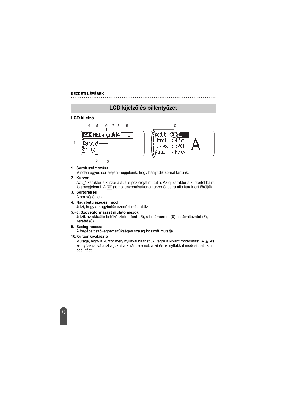 Lcd kijelző és billentyűzet, Lcd kijelző | Brother PT-2100 User Manual | Page 77 / 92