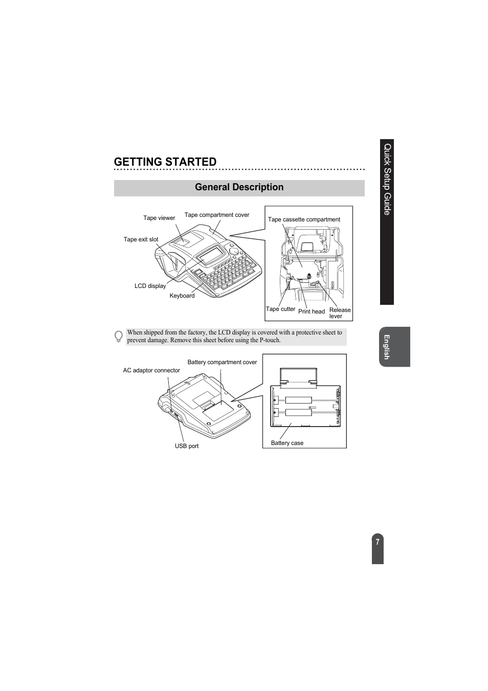 Getting started, General description | Brother PT-2100 User Manual | Page 8 / 92