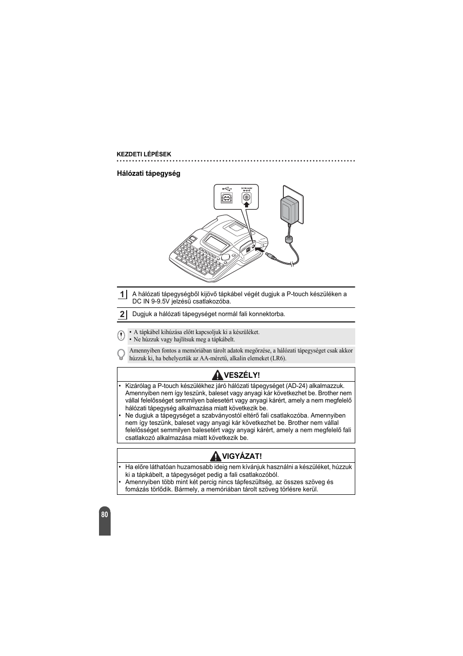 Hálózati tápegység | Brother PT-2100 User Manual | Page 81 / 92