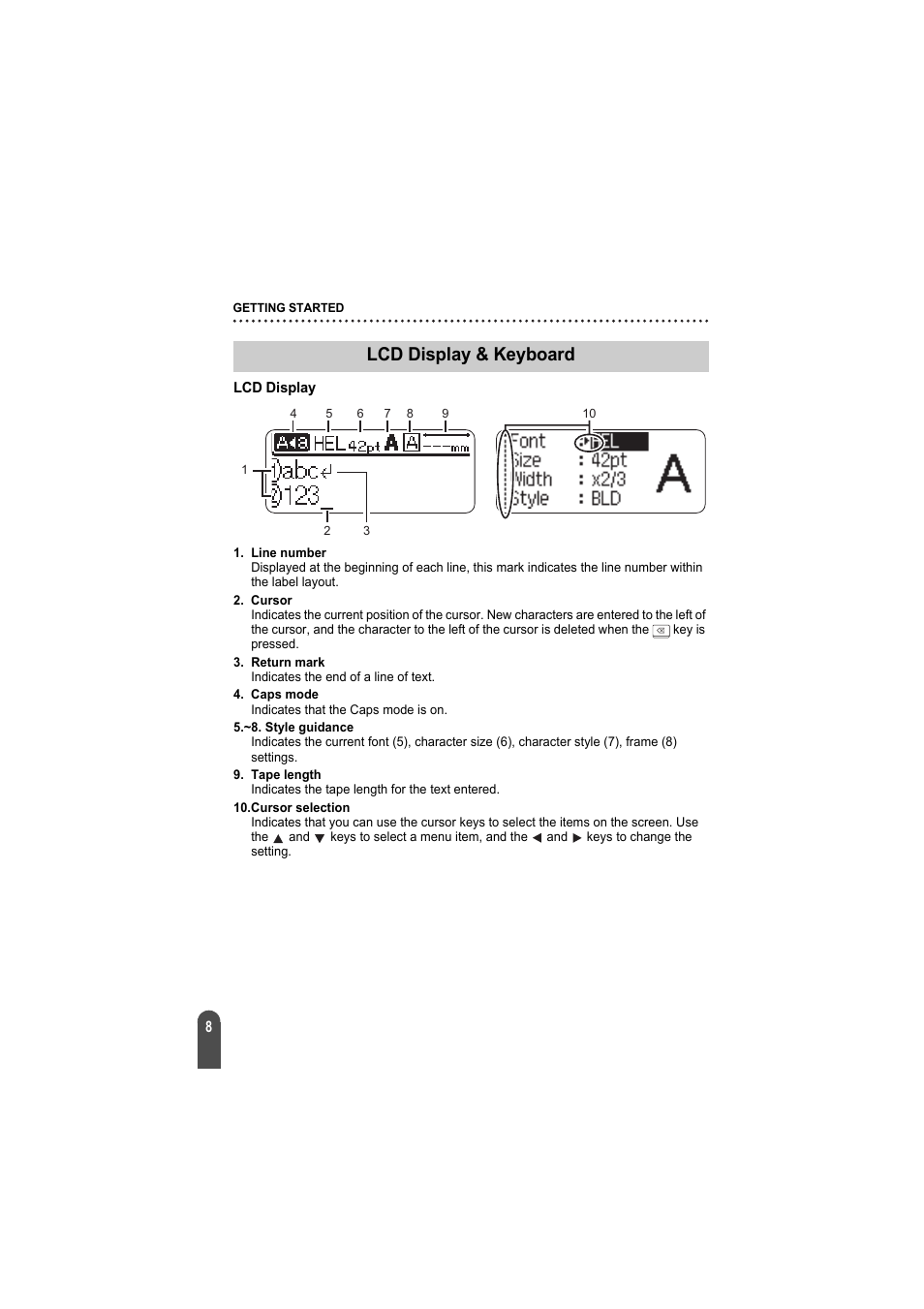 Lcd display & keyboard, Lcd display | Brother PT-2100 User Manual | Page 9 / 92
