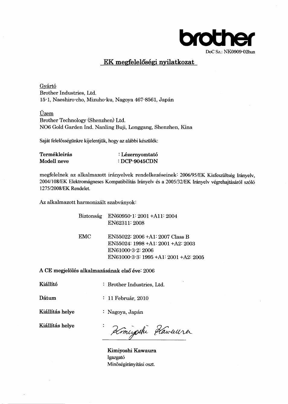Biother, Ek megfeleloségi nvilatkozat | Brother DCP-9045CDN User Manual | Page 8 / 21