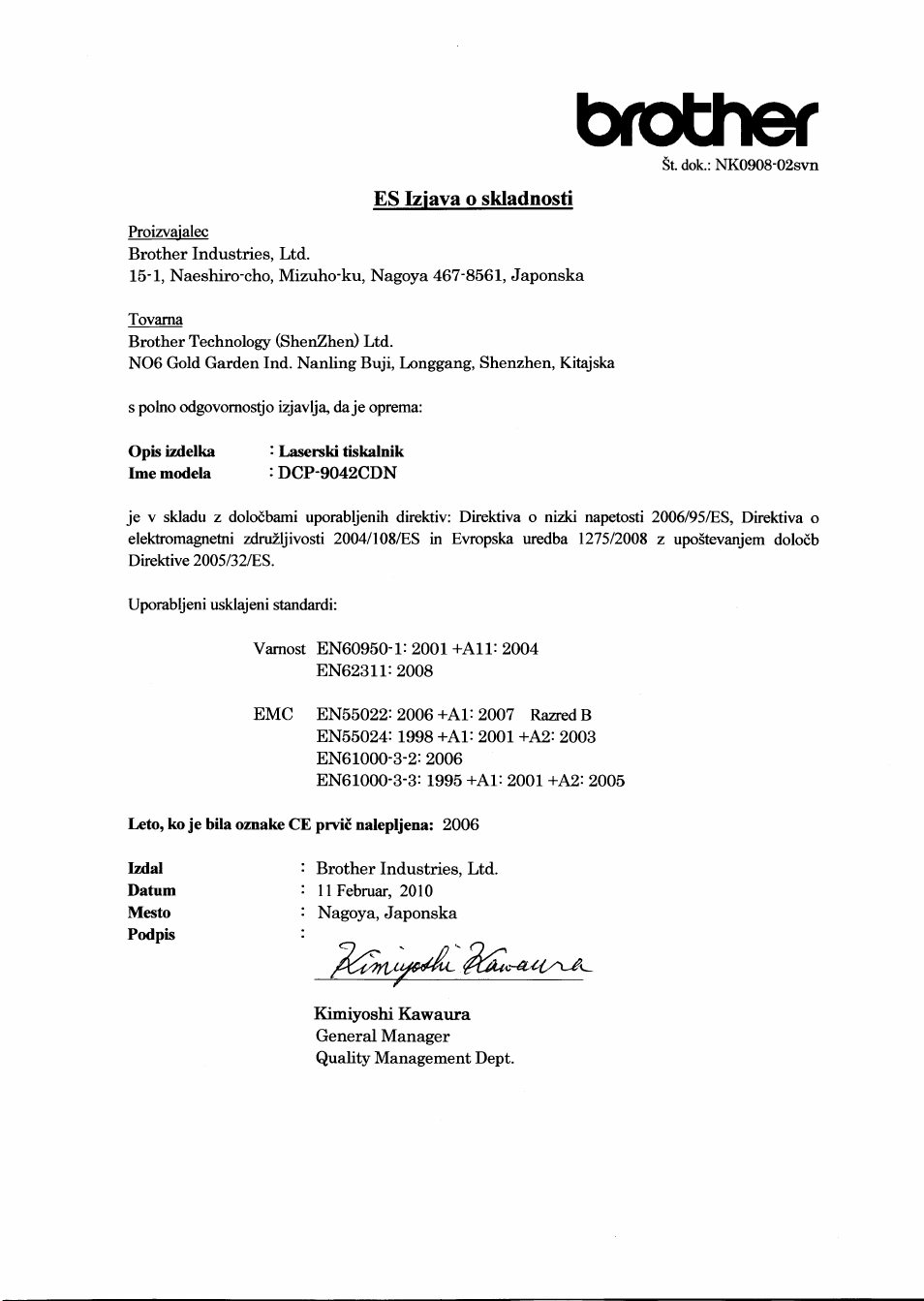Es iziava o skladnosti, Brother | Brother DCP-9042CDN User Manual | Page 20 / 21