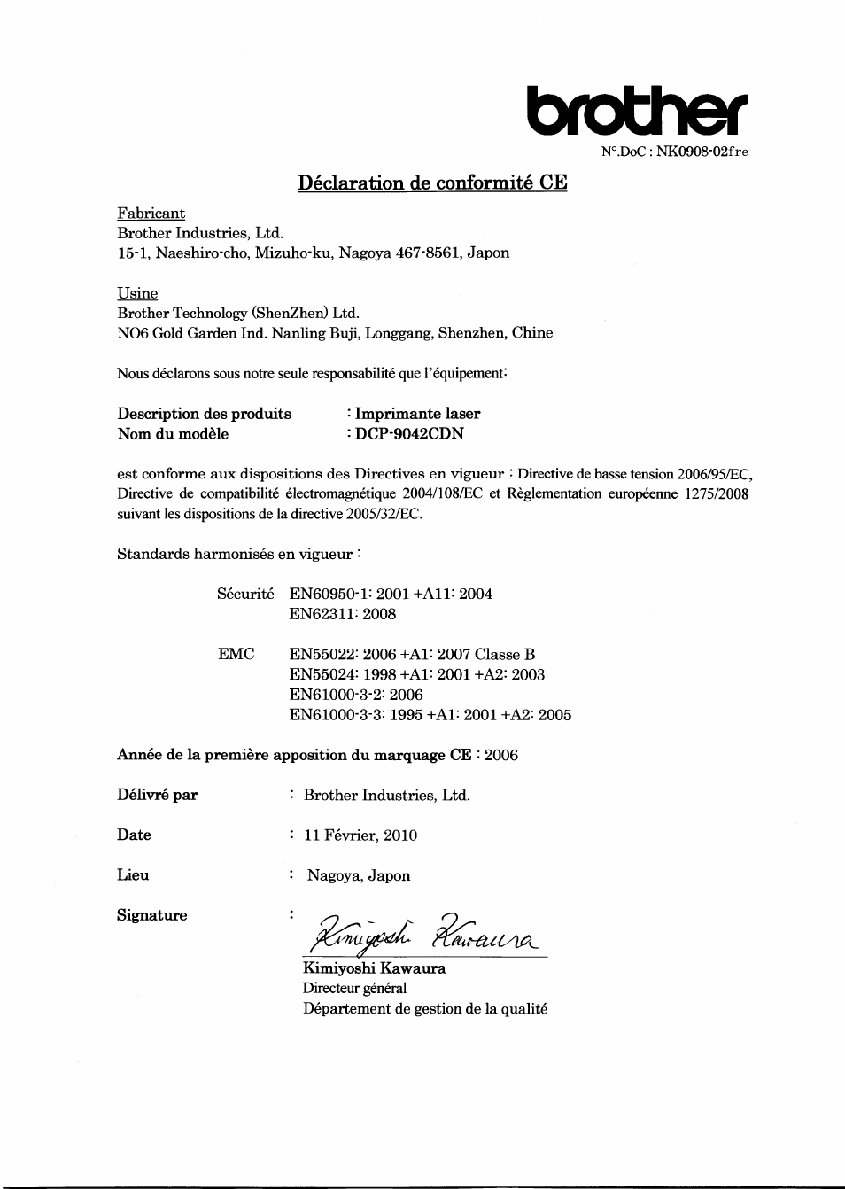 Déclaration de conformité ce, Brother | Brother DCP-9042CDN User Manual | Page 5 / 21