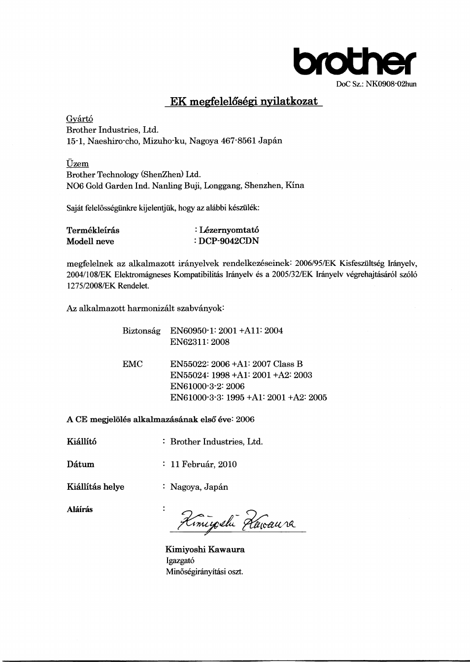 Ek megfelelosegj nvilatkozat, Brother | Brother DCP-9042CDN User Manual | Page 8 / 21