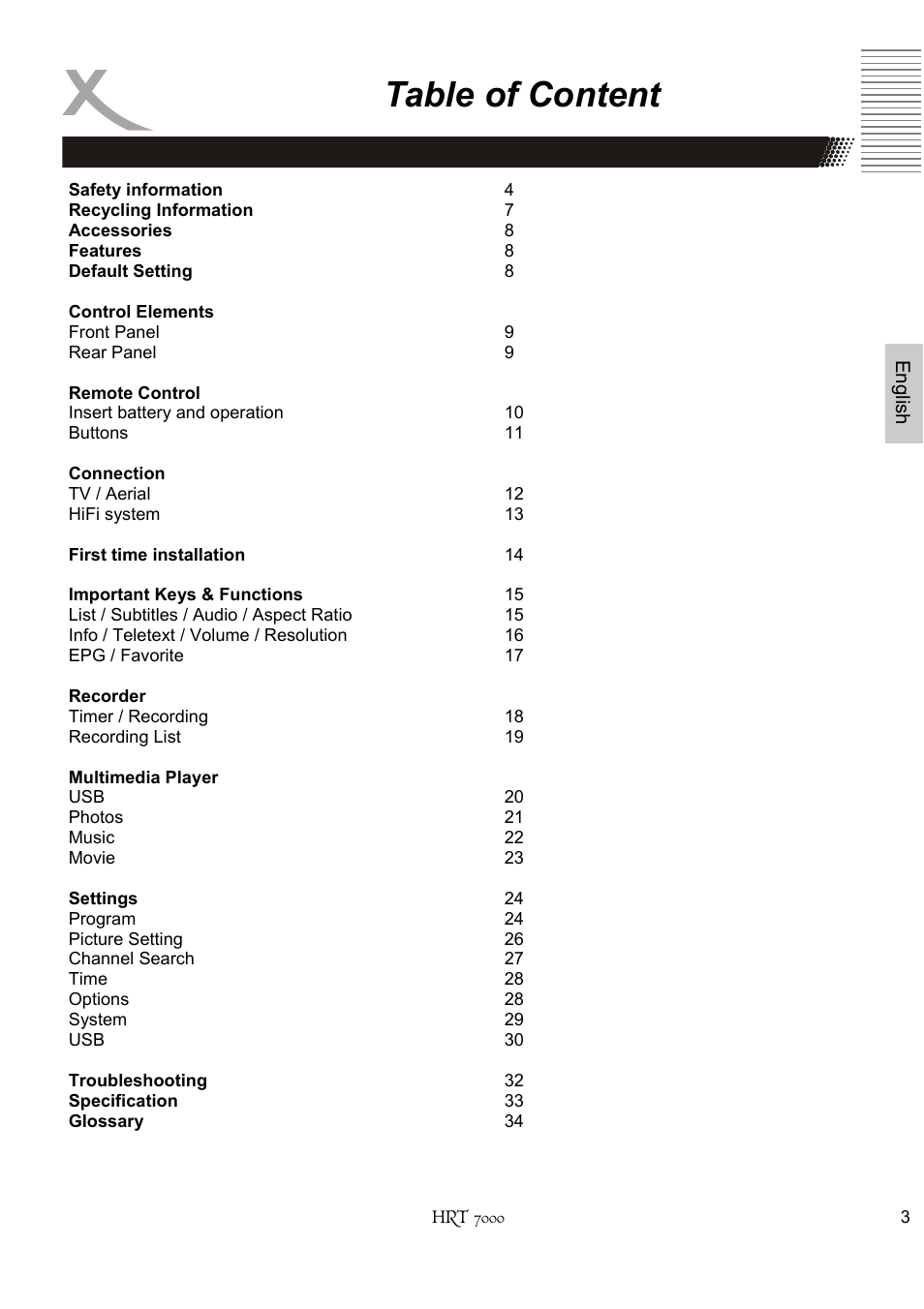 Table of content | Xoro HRT 7000 User Manual | Page 3 / 45