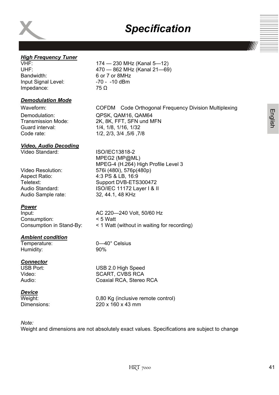 Specification | Xoro HRT 7000 User Manual | Page 41 / 45