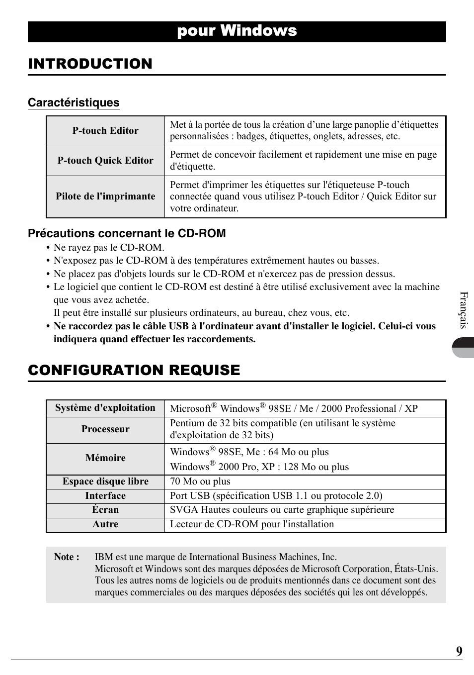 Français, Pour windows, Introduction | Configuration requise | Brother PT-2700 User Manual | Page 10 / 90