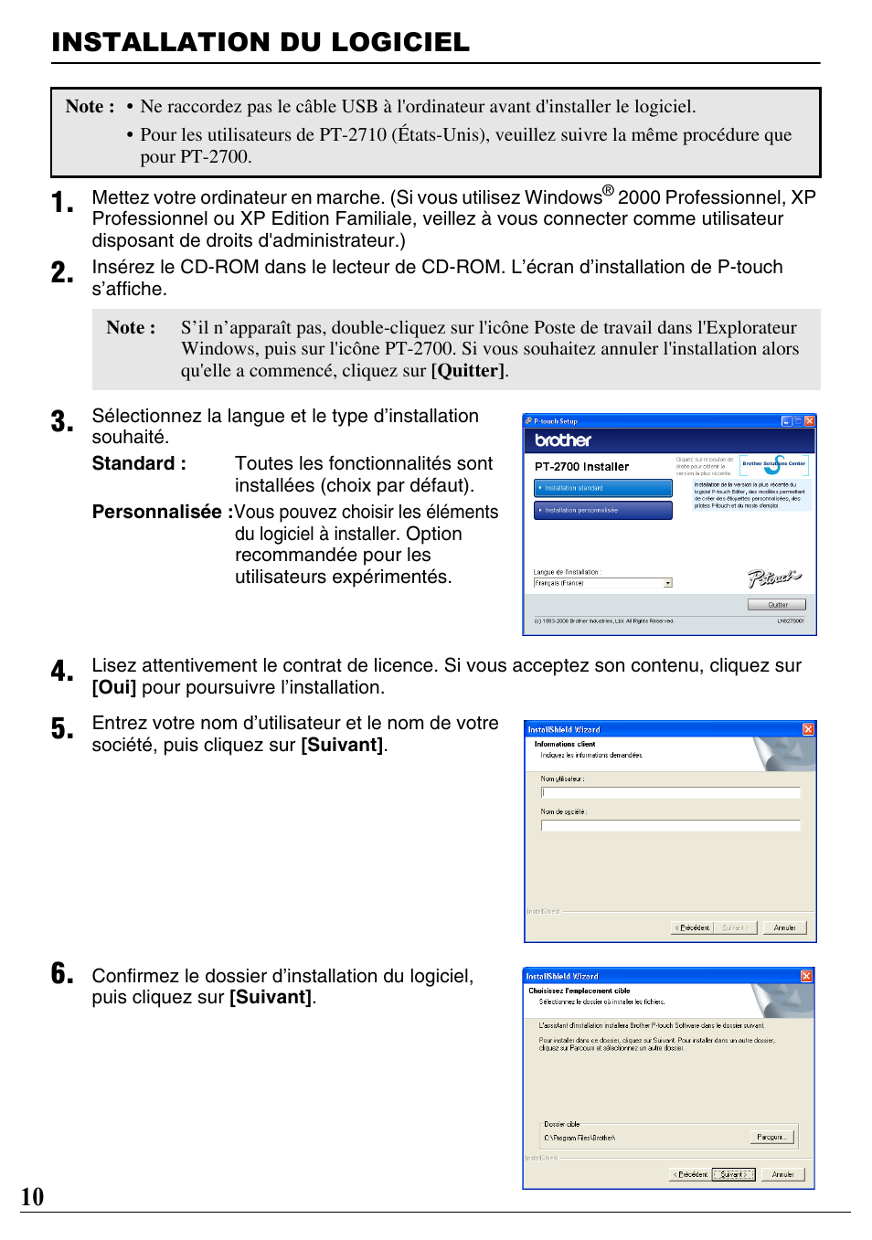 Installation du logiciel, 10 installation du logiciel | Brother PT-2700 User Manual | Page 11 / 90
