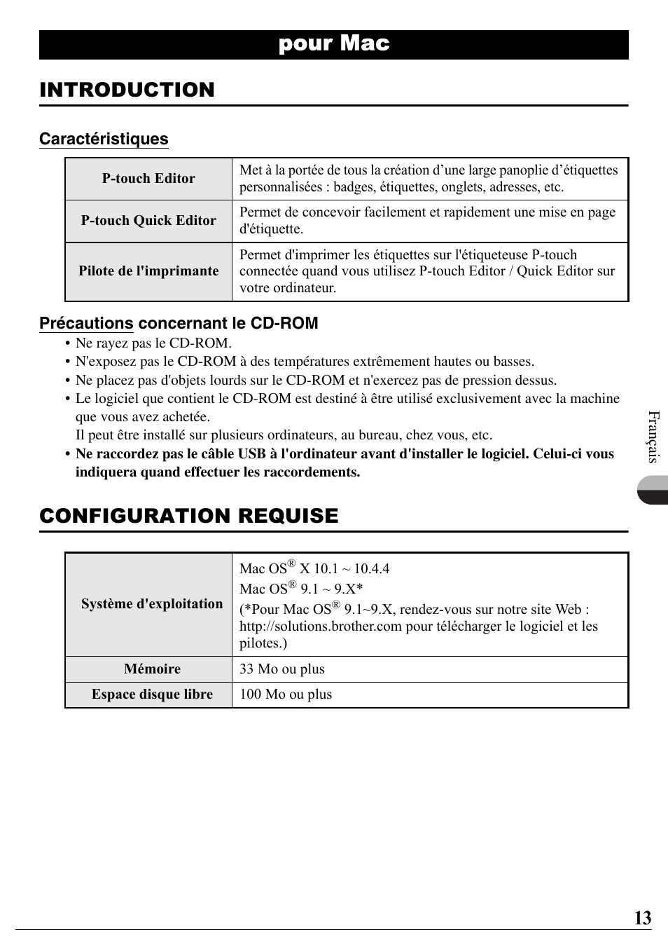 Pour mac, Introduction, Configuration requise | Brother PT-2700 User Manual | Page 14 / 90
