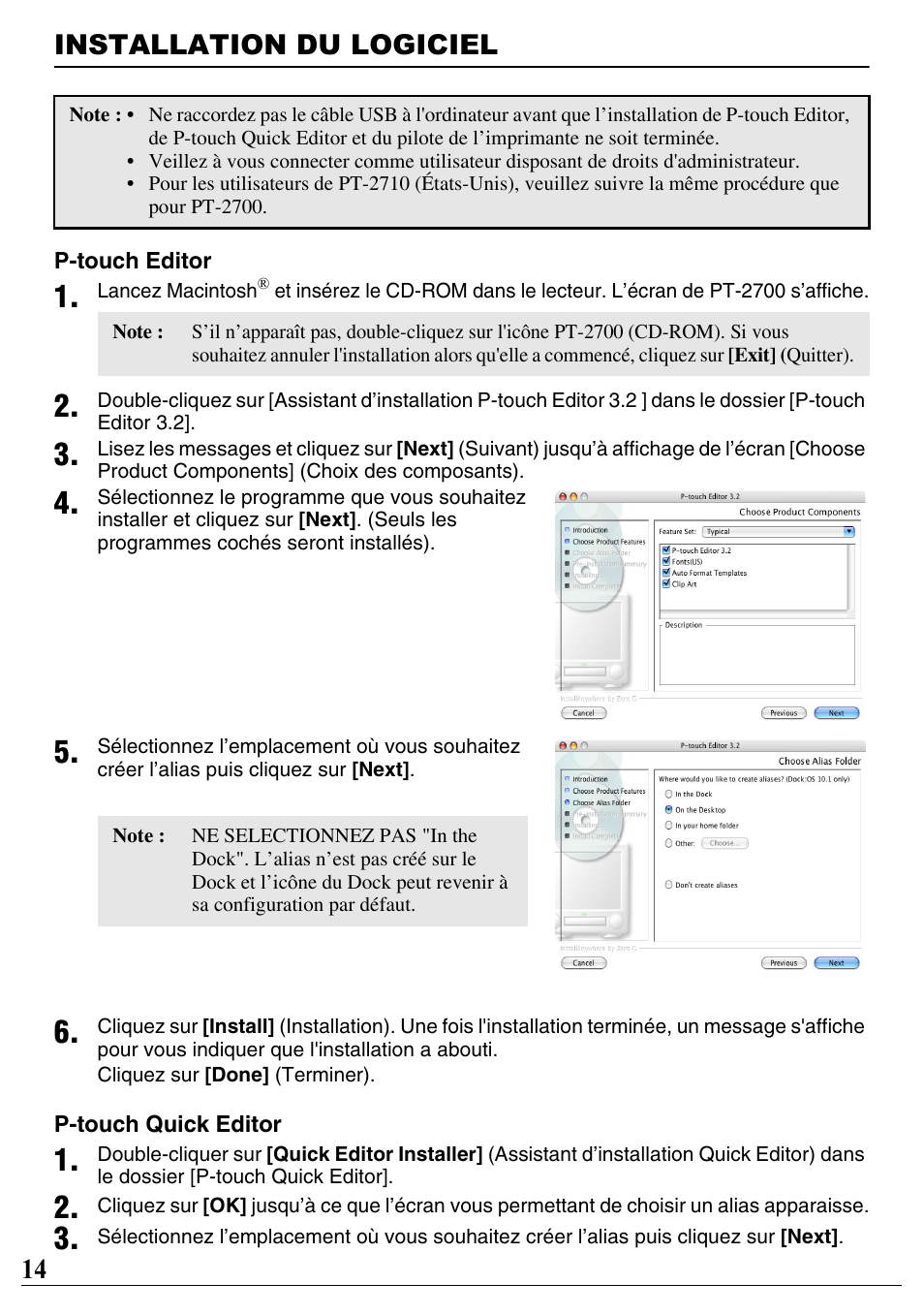 Installation du logiciel, 14 installation du logiciel | Brother PT-2700 User Manual | Page 15 / 90