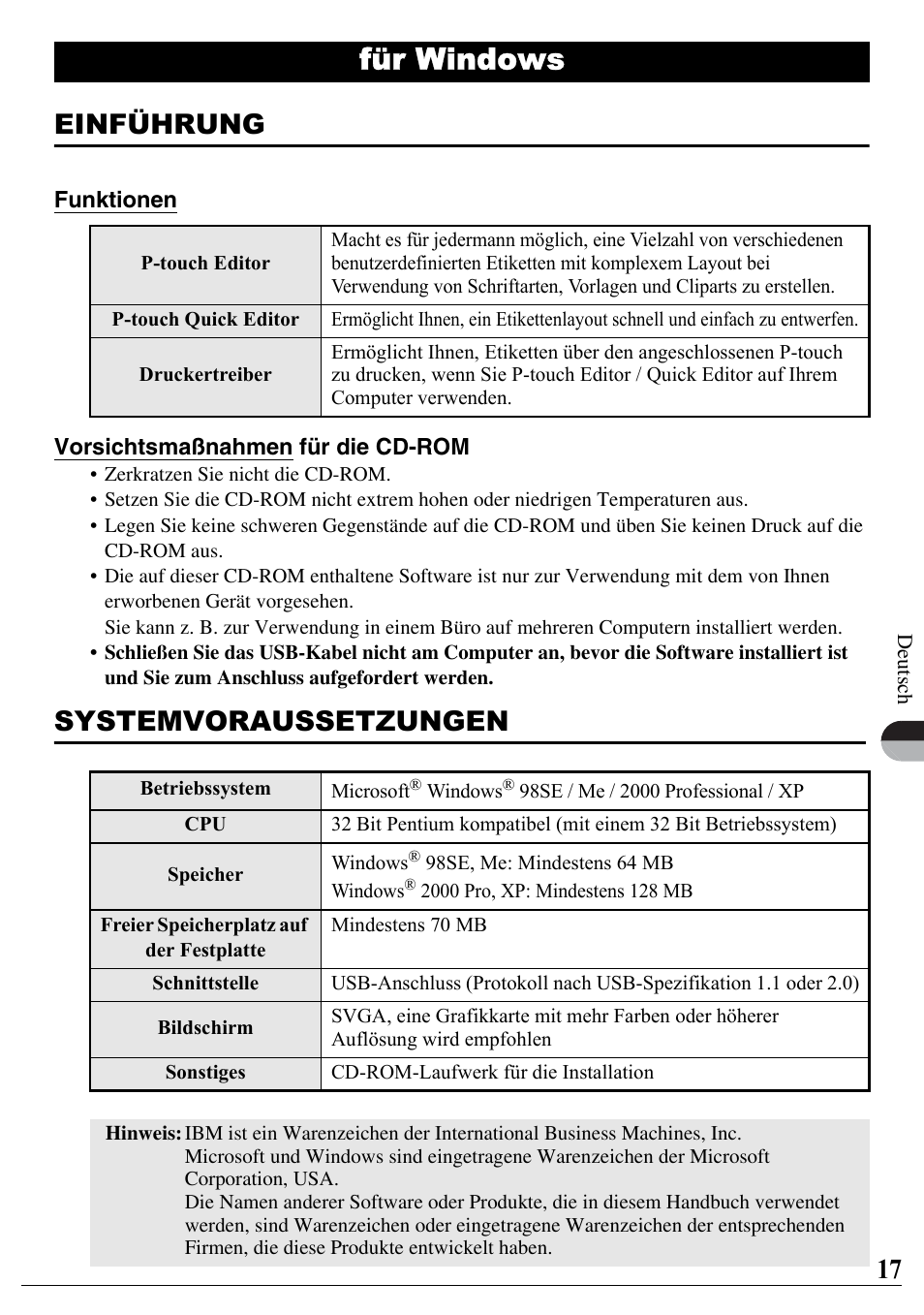 Deutsch, Für windows, Einführung | Systemvoraussetzungen | Brother PT-2700 User Manual | Page 18 / 90