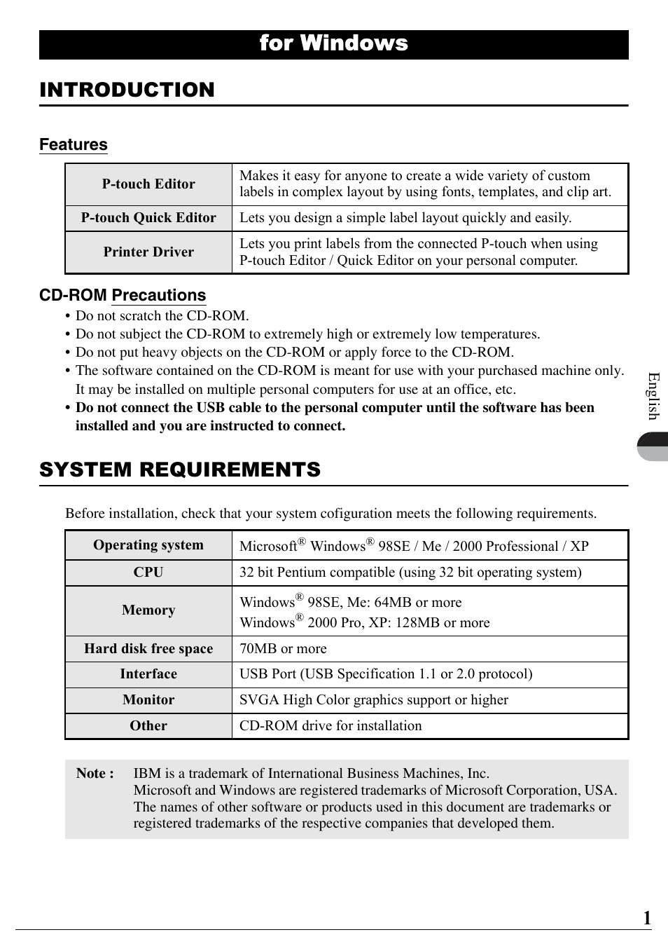 English, For windows, Introduction | System requirements | Brother PT-2700 User Manual | Page 2 / 90