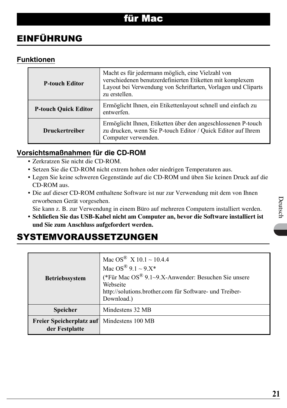 Für mac, Einführung, Systemvoraussetzungen | Brother PT-2700 User Manual | Page 22 / 90