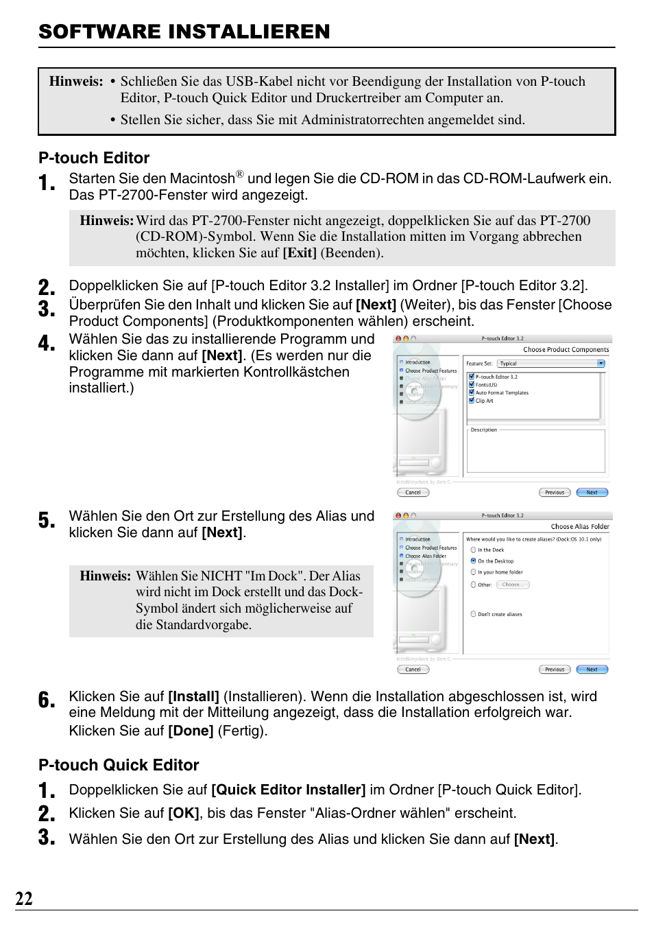 Software installieren, 22 software installieren | Brother PT-2700 User Manual | Page 23 / 90