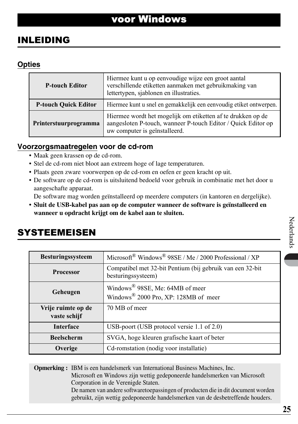 Nederlands, Voor windows, Inleiding | Systeemeisen | Brother PT-2700 User Manual | Page 26 / 90