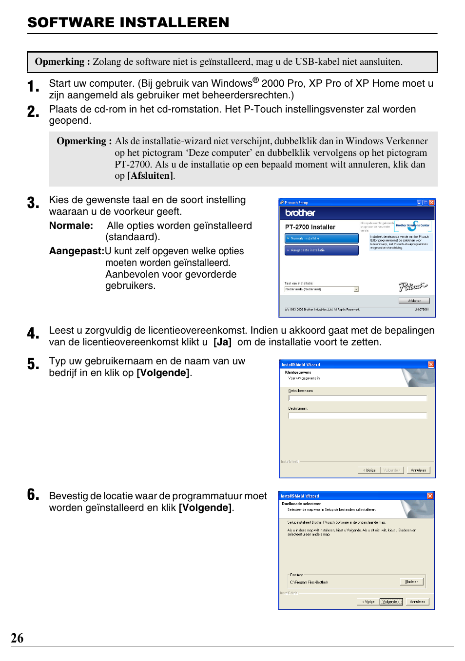Software installeren, 26 software installeren | Brother PT-2700 User Manual | Page 27 / 90
