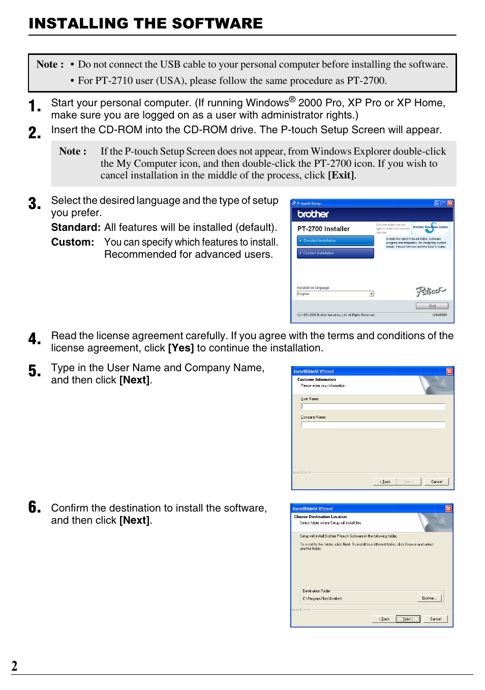 Installing the software, 2installing the software | Brother PT-2700 User Manual | Page 3 / 90