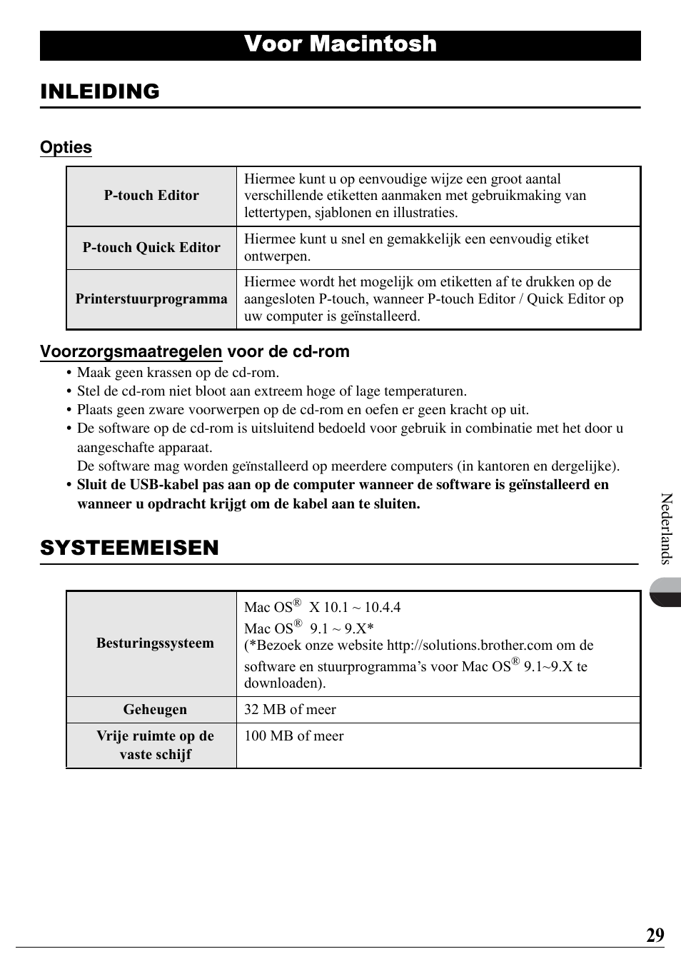 Voor macintosh, Inleiding, Systeemeisen | Brother PT-2700 User Manual | Page 30 / 90