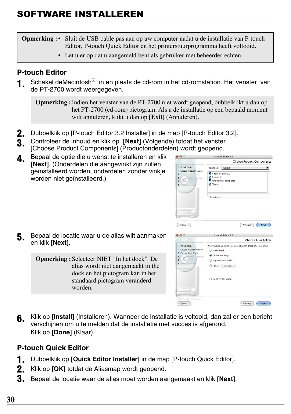 Software installeren, 30 software installeren | Brother PT-2700 User Manual | Page 31 / 90