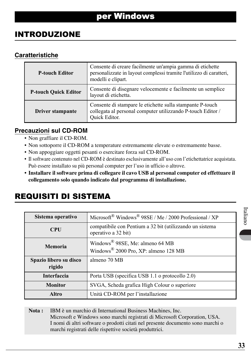 Italiano, Per windows, Introduzione | Requisiti di sistema | Brother PT-2700 User Manual | Page 34 / 90