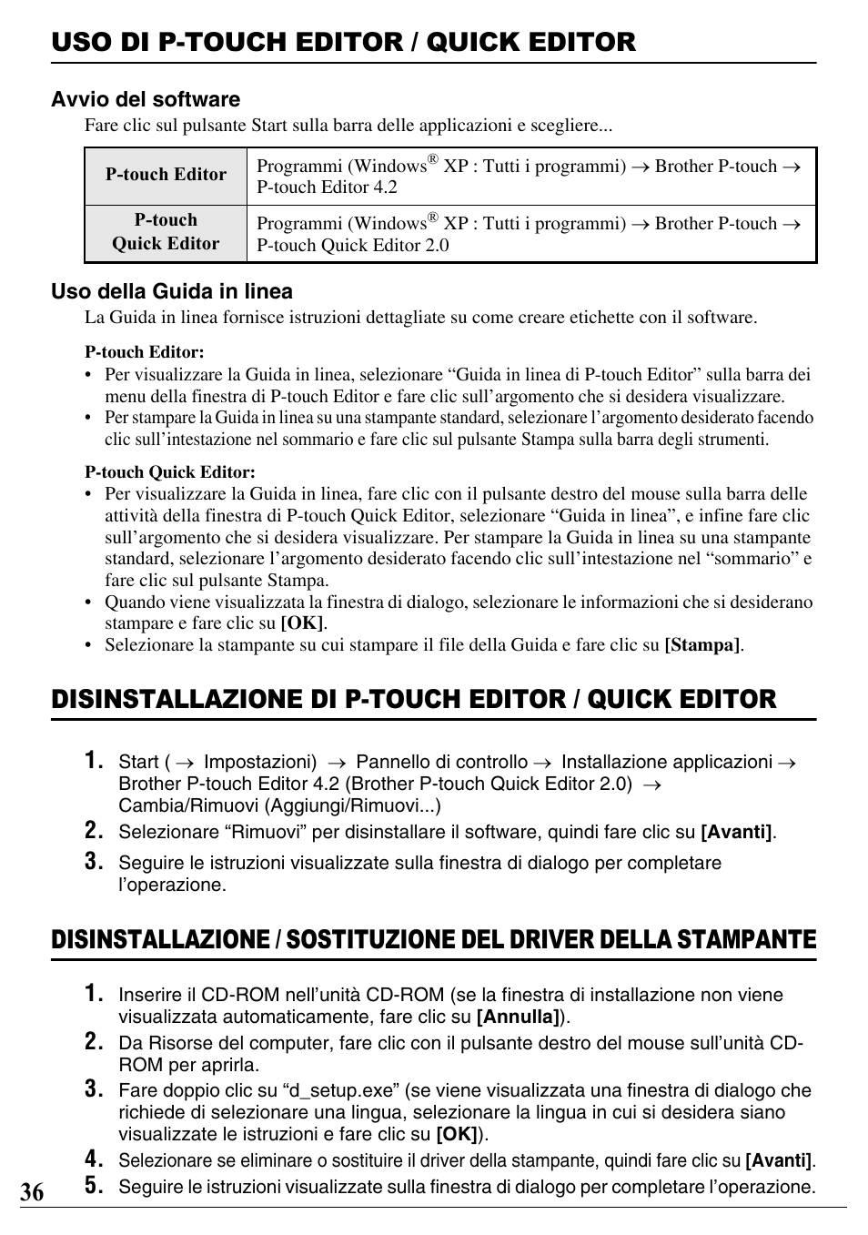 Uso di p-touch editor / quick editor, Disinstallazione di p-touch editor / quick editor, 36 uso di p-touch editor / quick editor | Brother PT-2700 User Manual | Page 37 / 90