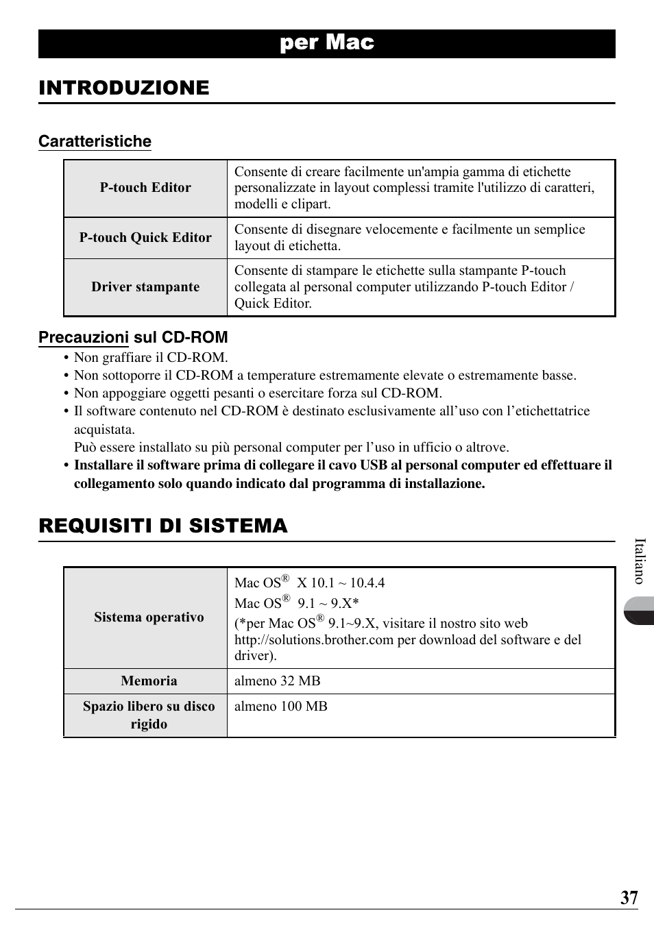 Per mac, Introduzione, Requisiti di sistema | Brother PT-2700 User Manual | Page 38 / 90