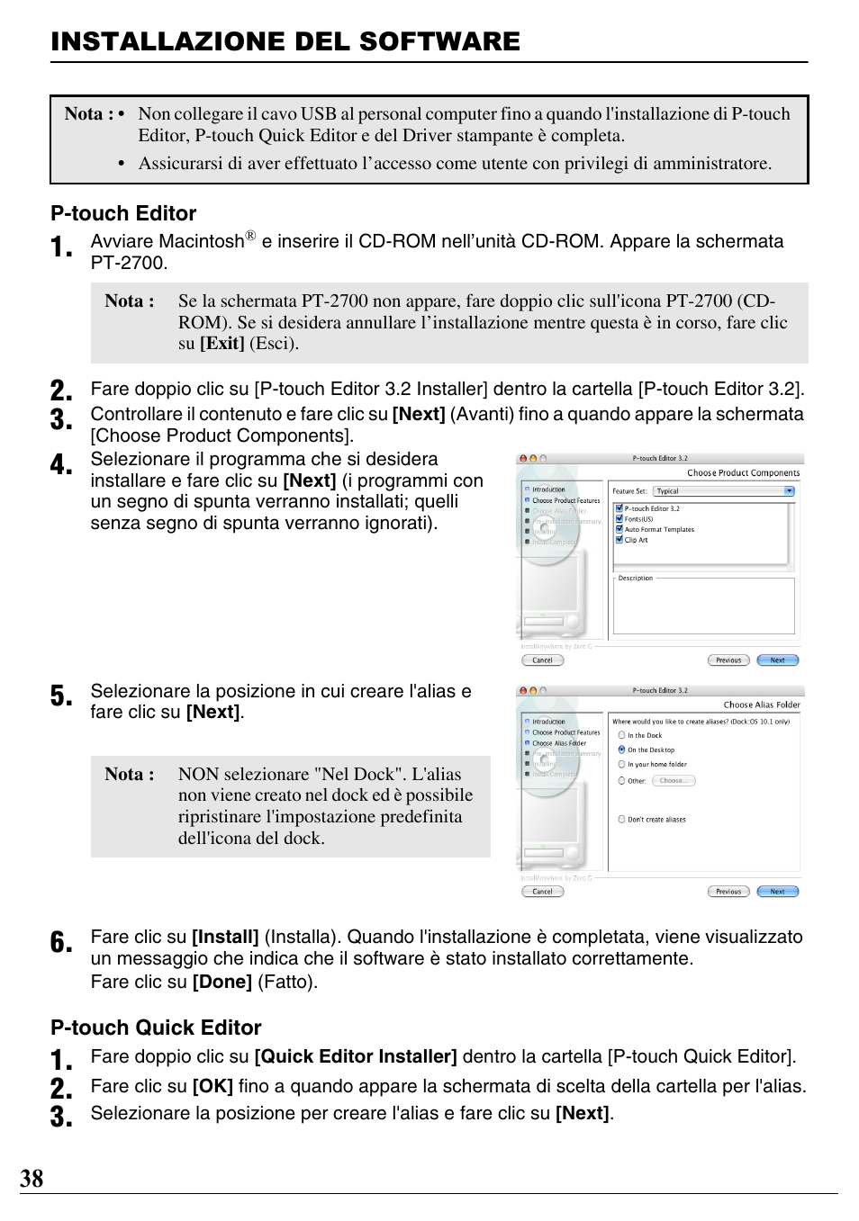 Installazione del software, 38 installazione del software | Brother PT-2700 User Manual | Page 39 / 90