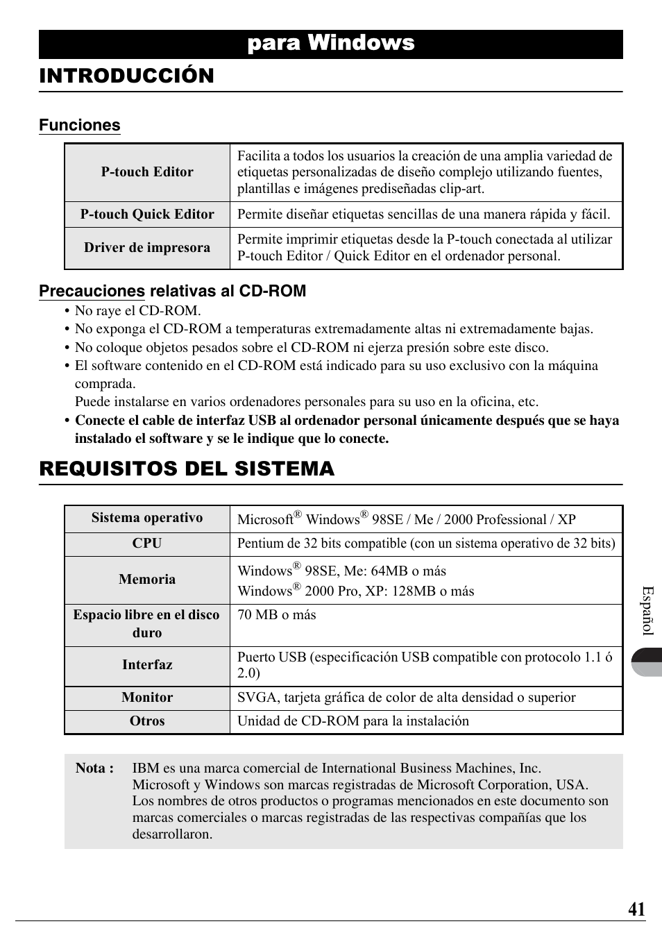 Español, Para windows, Introducción | Requisitos del sistema | Brother PT-2700 User Manual | Page 42 / 90