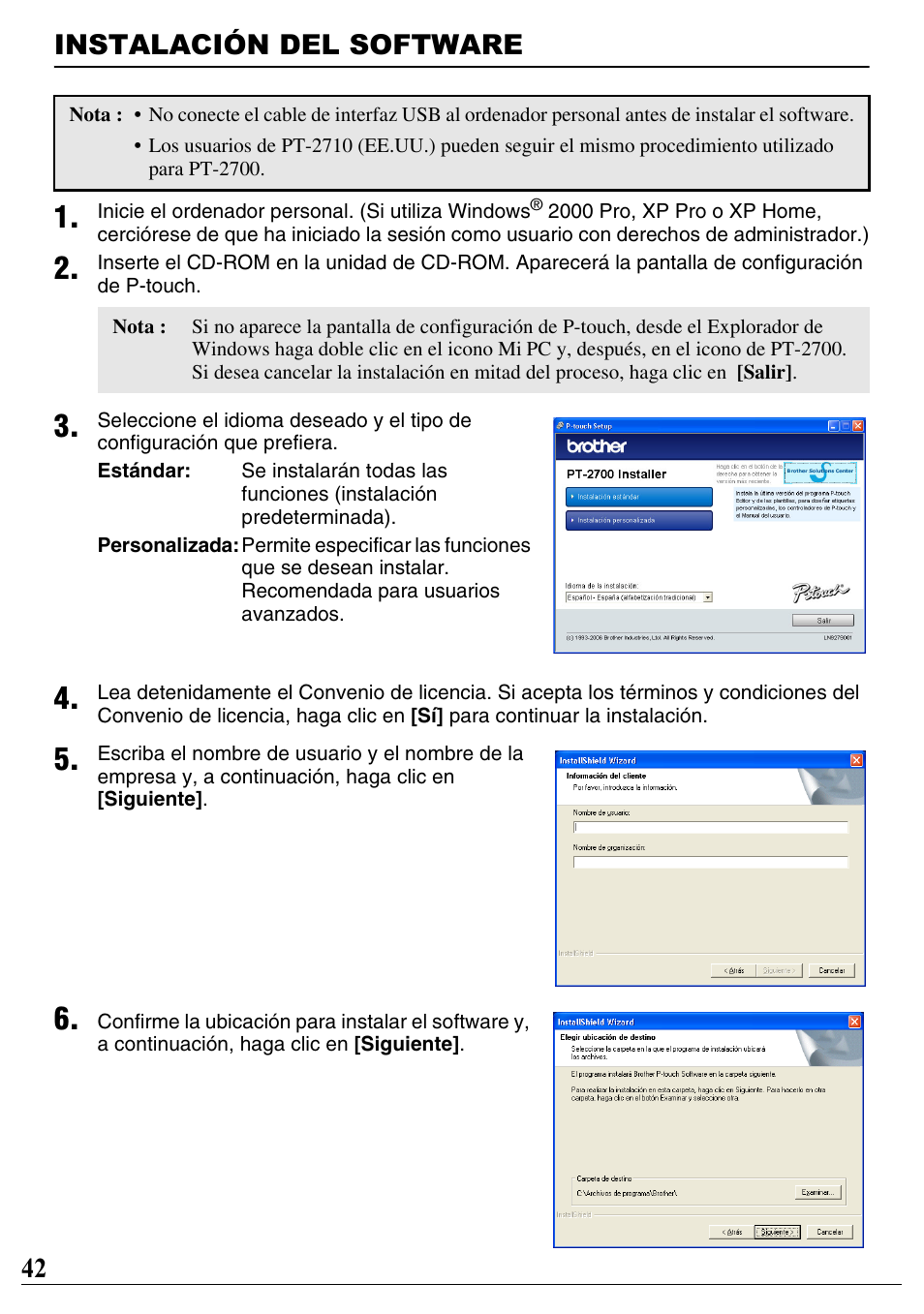 Instalación del software, 42 instalación del software | Brother PT-2700 User Manual | Page 43 / 90