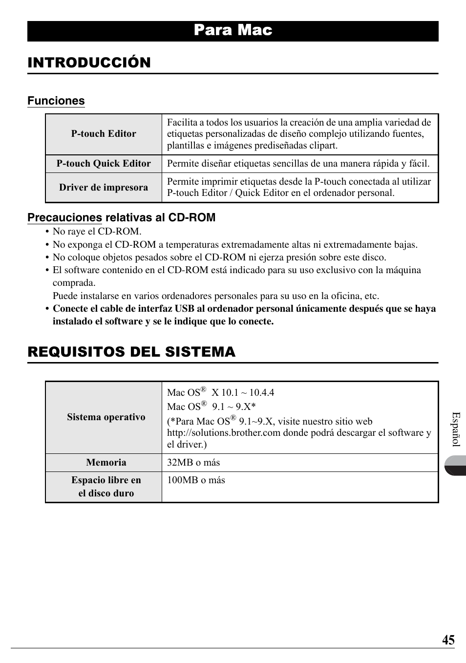 Para mac, Introducción, Requisitos del sistema | Brother PT-2700 User Manual | Page 46 / 90