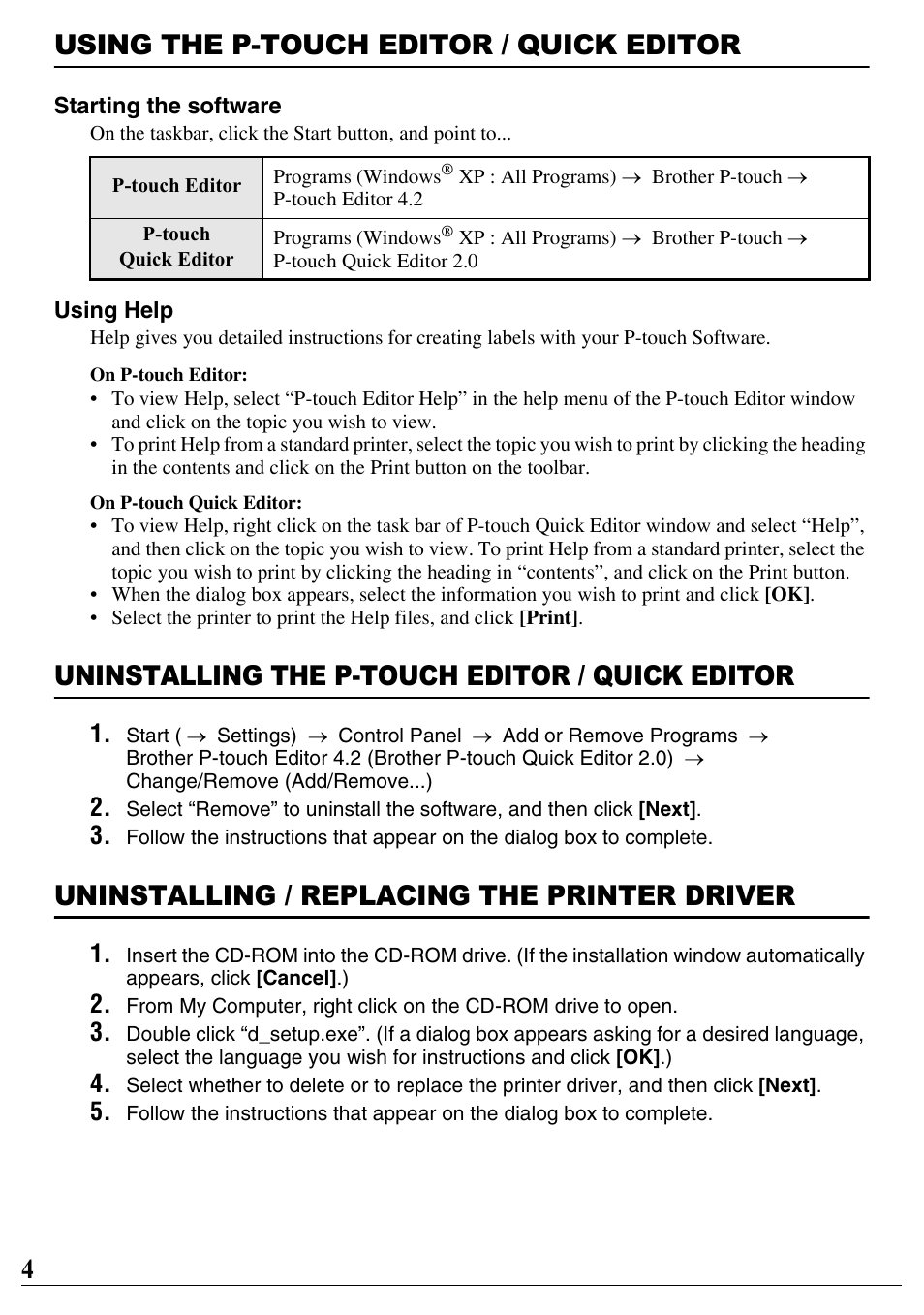 Using the p-touch editor / quick editor, Uninstalling the p-touch editor / quick editor, Uninstalling / replacing the printer driver | 4using the p-touch editor / quick editor | Brother PT-2700 User Manual | Page 5 / 90