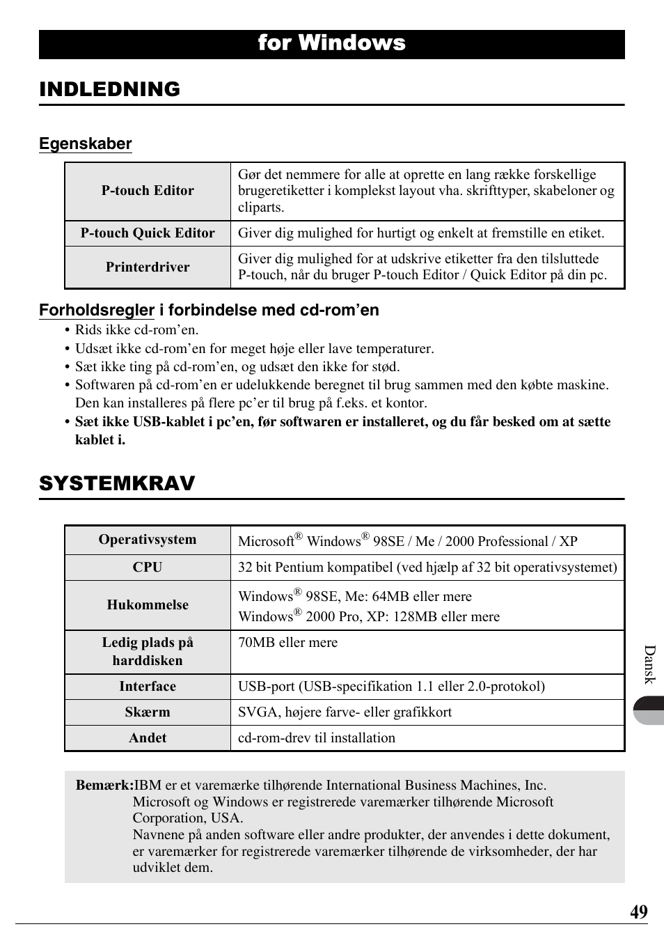 Dansk, For windows, Indledning | Systemkrav | Brother PT-2700 User Manual | Page 50 / 90