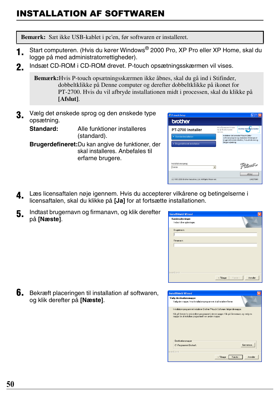 Installation af softwaren, 50 installation af softwaren | Brother PT-2700 User Manual | Page 51 / 90