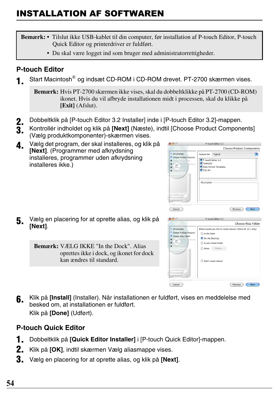 Installation af softwaren, 54 installation af softwaren | Brother PT-2700 User Manual | Page 55 / 90