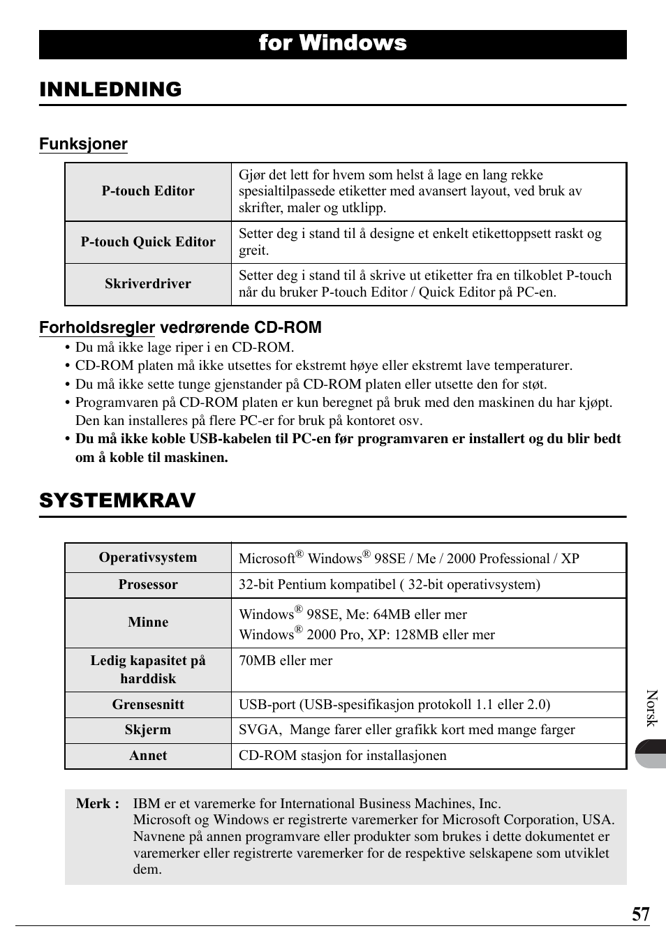 Norsk, For windows, Innledning | Systemkrav | Brother PT-2700 User Manual | Page 58 / 90